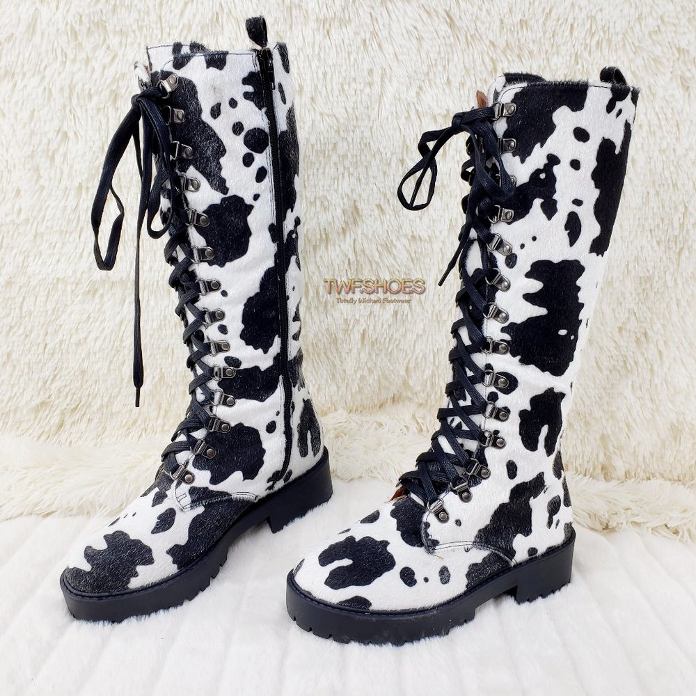 Savage Combat Lace Up Knee Boots Faux Cow Print